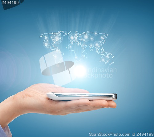 Image of woman hand with smartphone