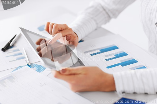 Image of woman with tablet pc and chart papers