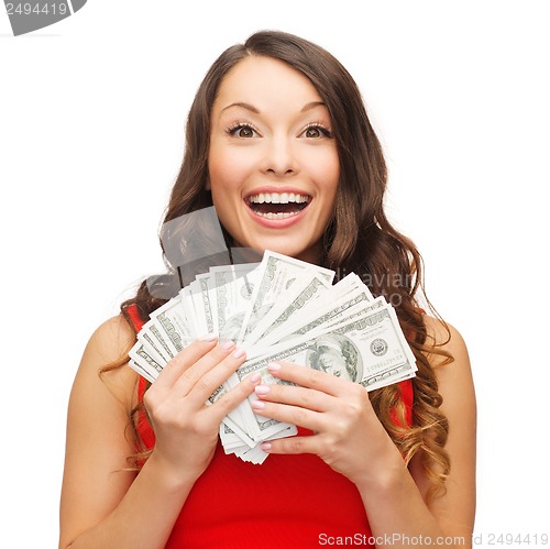 Image of woman in red dress with us dollar money