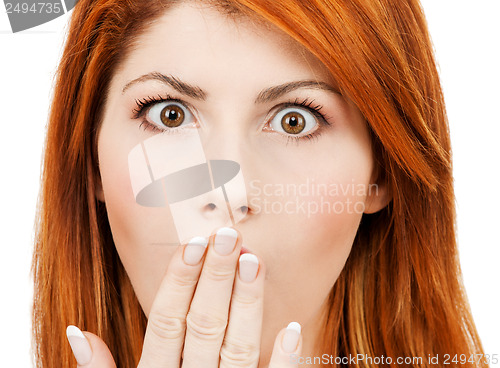 Image of amazed woman with hand over mouth