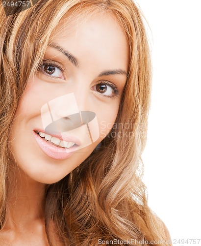 Image of face of happy woman with long hair