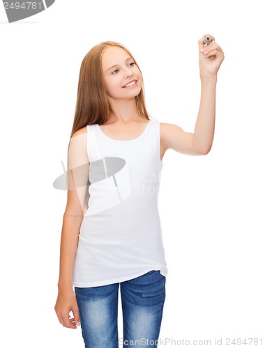 Image of girl in blank white shirt drawing something
