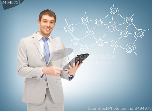 Image of businessman networking with tablet pc