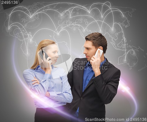Image of man and woman calling with smartphones