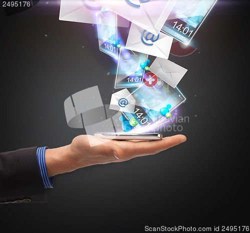 Image of hand holding smartphone with icons