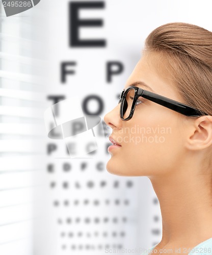 Image of woman in eyeglasses with eye chart