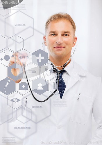 Image of doctor with stethoscope and virtual screen