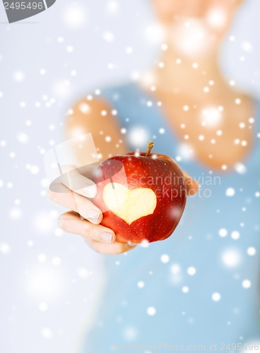 Image of woman hand holding red apple with heart shape