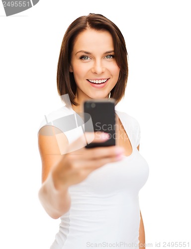 Image of happy woman with smartphone