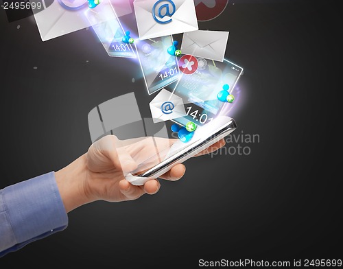 Image of hand holding smartphone with icons