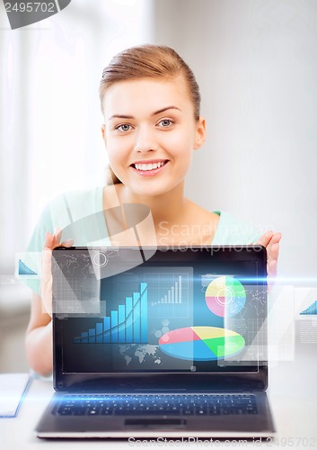 Image of businesswoman showing laptop with graph