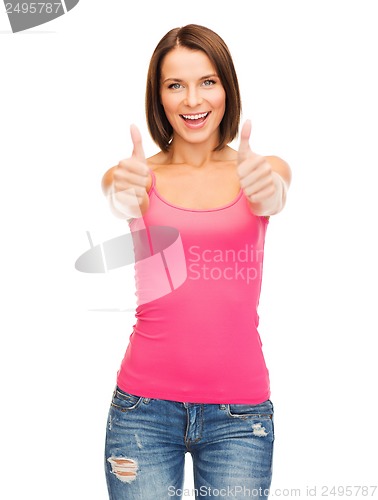 Image of woman in blank pink tank top showing thumbs up