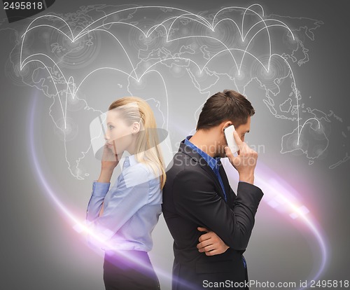 Image of man and woman calling with smartphones