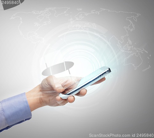 Image of hand with smartphone and virtual screen