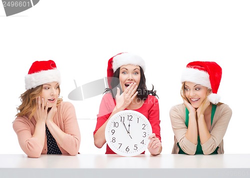 Image of women in santa helper hats with clock showing 12