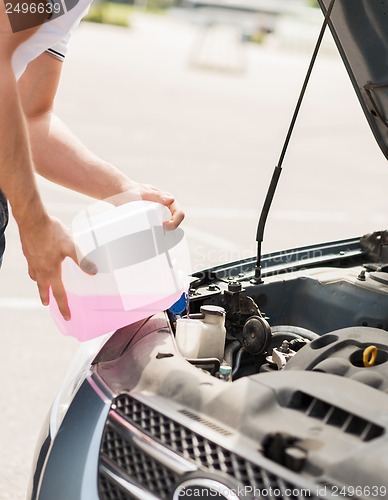 Image of man filling windscreen water tank