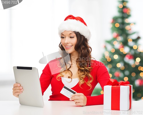 Image of woman with gift, tablet pc and credit card