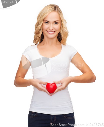 Image of woman in blank white shirt with small red heart