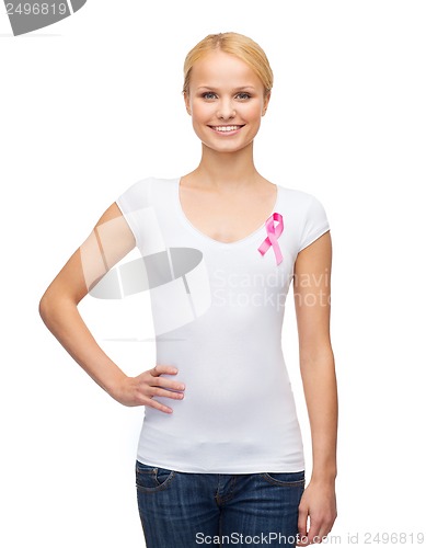 Image of woman in blank t-shirt with pink cancer ribbon