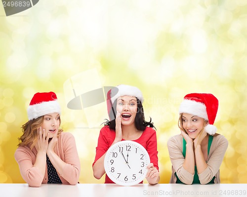 Image of women in santa helper hats with clock showing 12