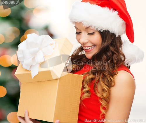 Image of smiling woman in santa helper hat with gift box