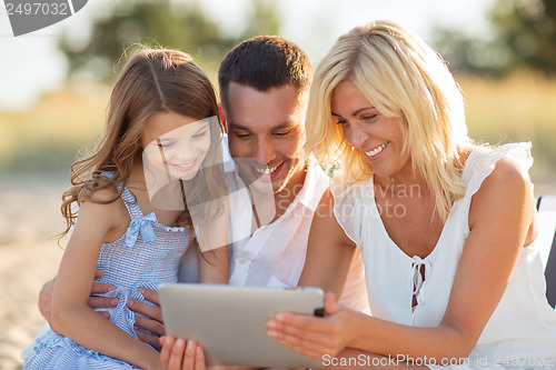 Image of happy family with tablet pc taking picture