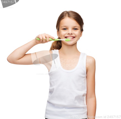 Image of girl in blank white shirt brushing her teeth