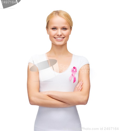 Image of woman in blank t-shirt with pink cancer ribbon