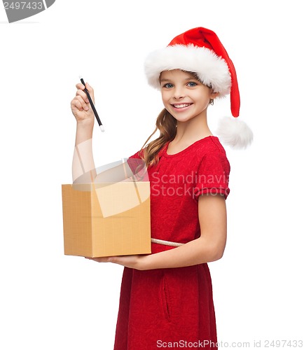 Image of smiling girl in santa helper hat with gift box