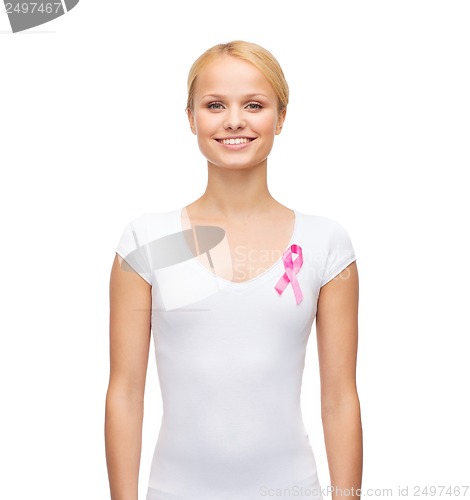 Image of woman in blank t-shirt with pink cancer ribbon