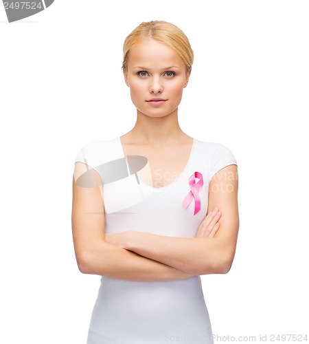 Image of woman in blank t-shirt with pink cancer ribbon