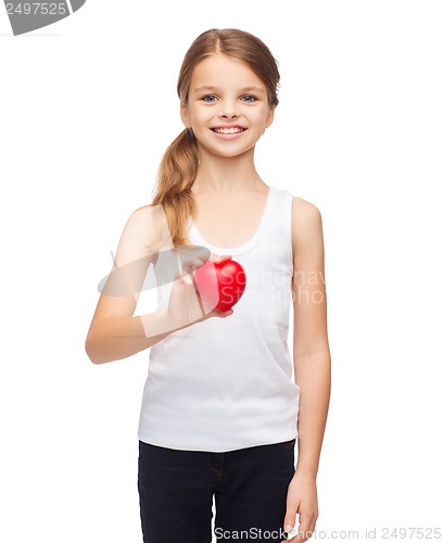 Image of girl in blank white shirt with small red heart