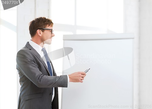 Image of businessman pointing to flip board in office