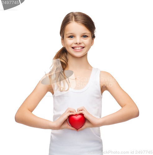 Image of girl in blank white shirt with small red heart