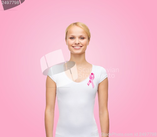 Image of woman in blank t-shirt with pink cancer ribbon