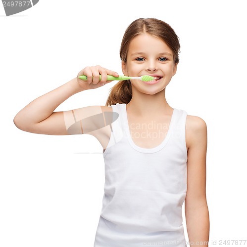 Image of girl in blank white shirt brushing her teeth