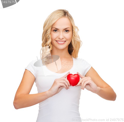 Image of woman in blank white shirt with small red heart