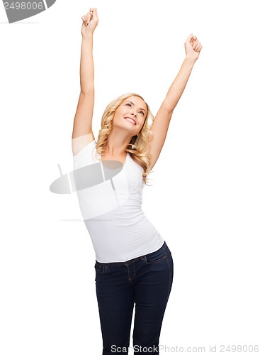 Image of happy dancing woman in blank white t-shirt