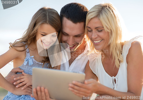 Image of happy family with tablet pc taking picture