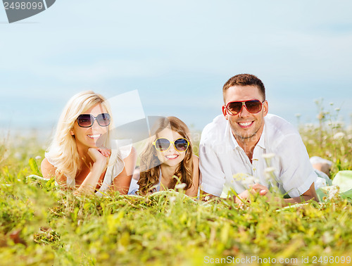Image of happy family with blue sky and green grass