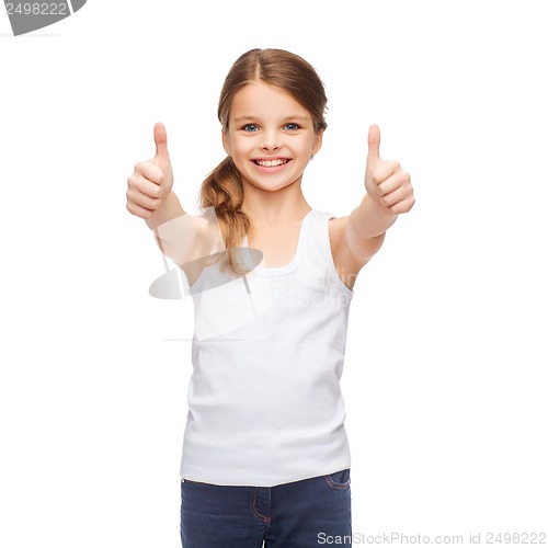 Image of girl in blank white shirt showing thumbs up