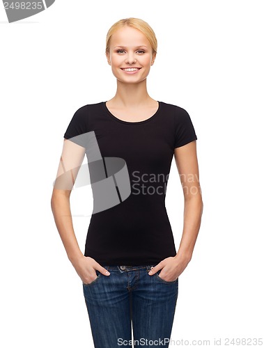 Image of woman in blank black t-shirt
