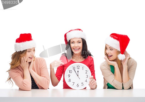 Image of women in santa helper hats with clock showing 12