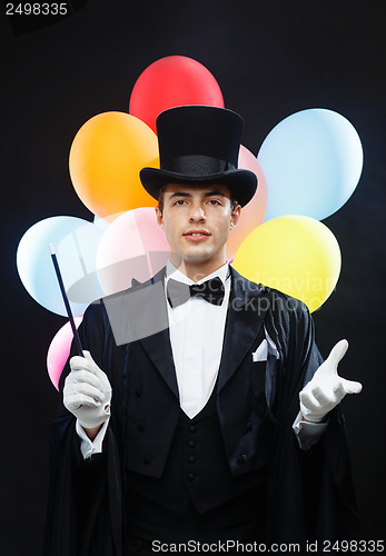 Image of magician in top hat with magic wand showing trick