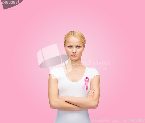 Image of woman in blank t-shirt with pink cancer ribbon