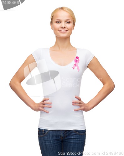 Image of woman in blank t-shirt with pink cancer ribbon