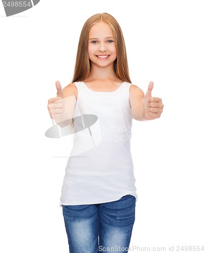 Image of girl in blank white shirt showing thumbs up