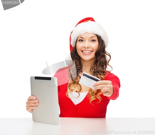 Image of woman with gift, tablet pc and credit card