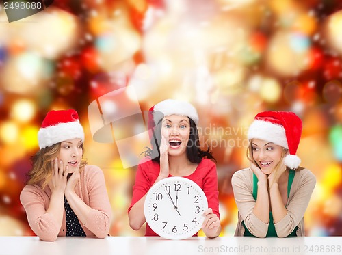 Image of women in santa helper hats with clock showing 12