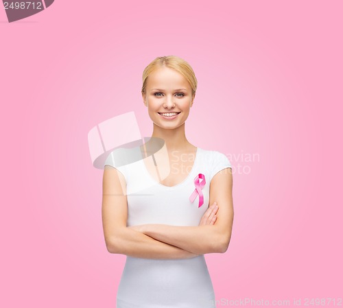 Image of woman in blank t-shirt with pink cancer ribbon